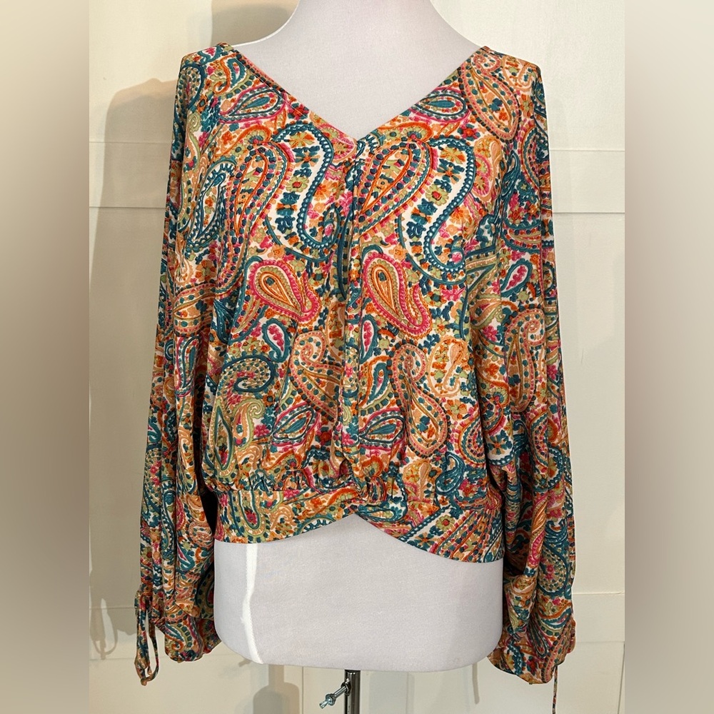 Umgee Colorful Paisley Print V-Neck Blouse L